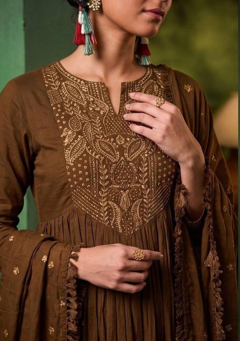 Coffee Brown Embroidery Silk Kurta Set - Indya