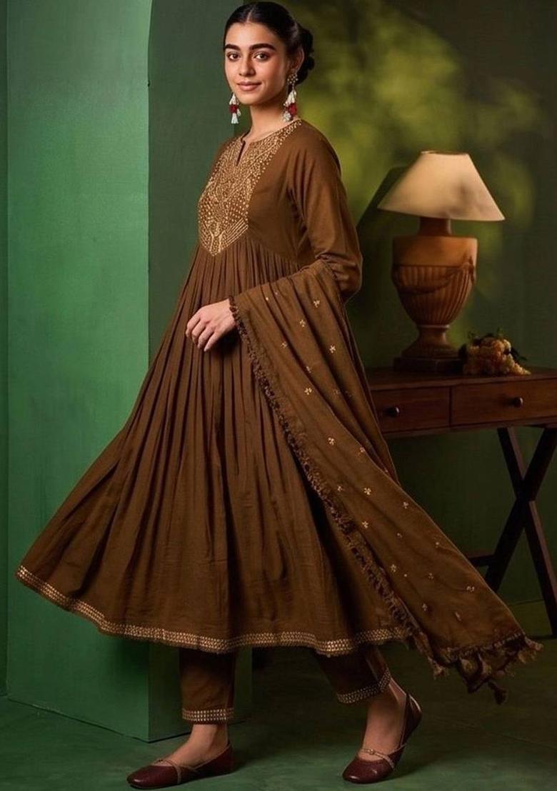 Coffee Brown Embroidery Silk Kurta Set - Indya