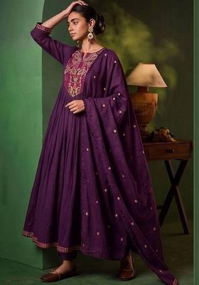 Purple Embroidery Silk Kurta Set