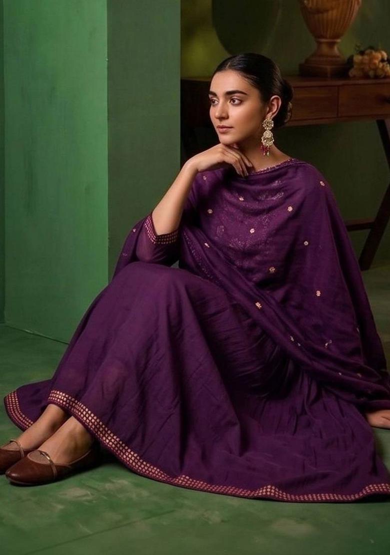 Purple Embroidery Silk Kurta Set - Indya