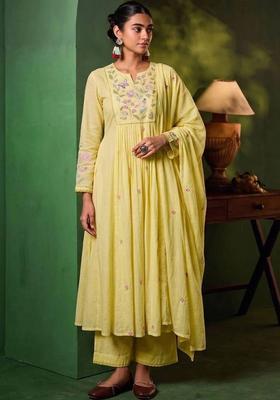 Yellow Embroidery Silk Kurta Set
