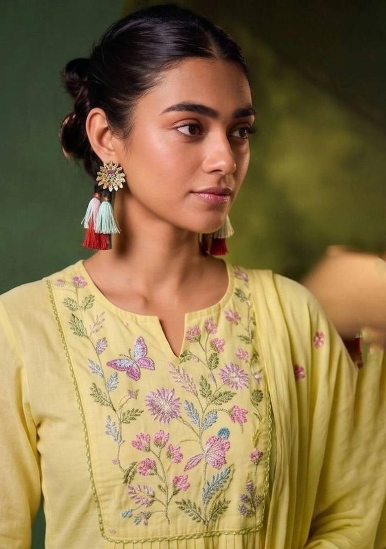 Yellow Embroidery Silk Kurta Set - Indya