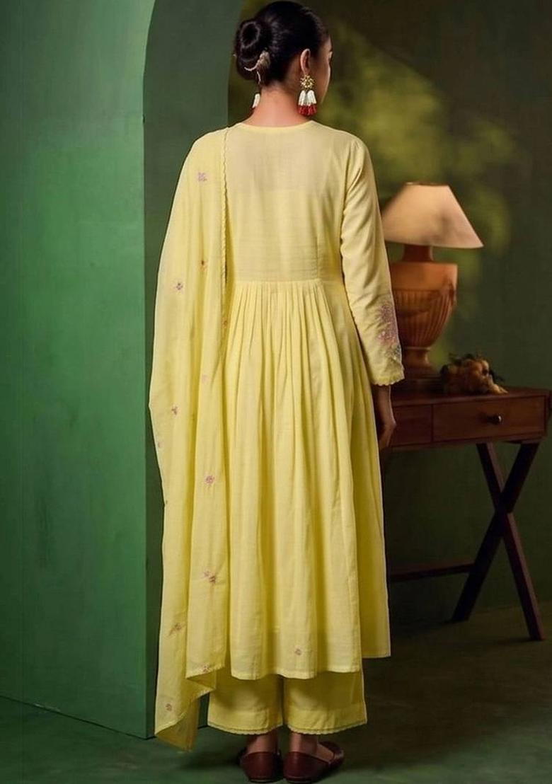 Yellow Embroidery Silk Kurta Set - Indya