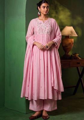 Pink Embroidery Silk Kurta Set