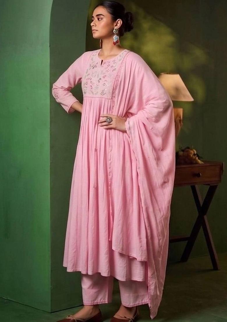 Pink Embroidery Silk Kurta Set - Indya