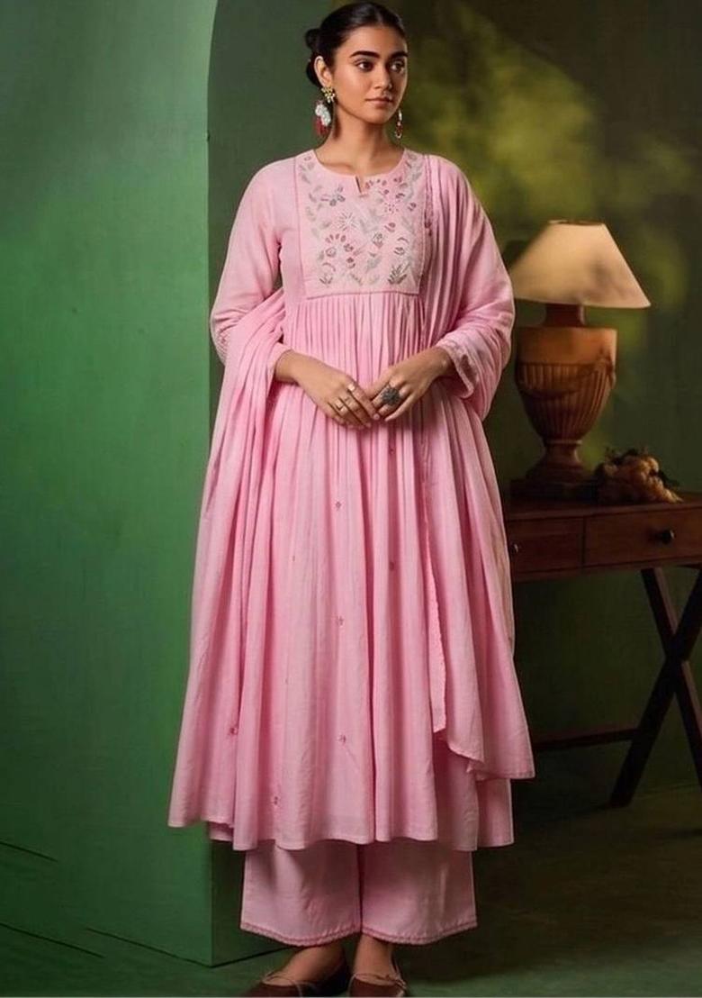 Pink Embroidery Silk Kurta Set - Indya
