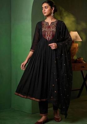 Black Embroidery Silk Kurta Set