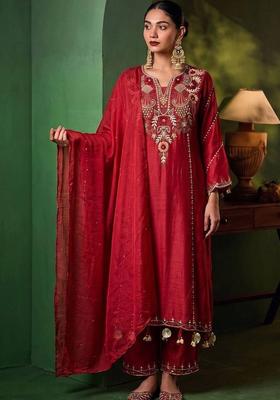 Red Embroidery Chanderi Kurta Set