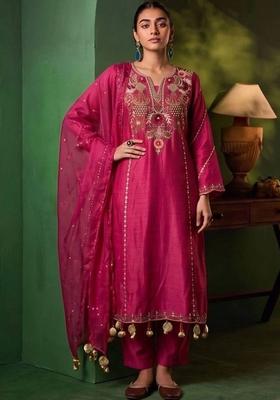 Pink Embroidery Chanderi Kurta Set