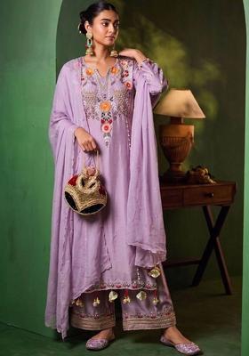 Lavender Embroidery Chanderi Kurta Set
