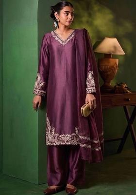 Purple Embroidery Silk Kurta Set