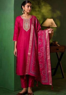 Pink Embroidery Silk Kurta Set