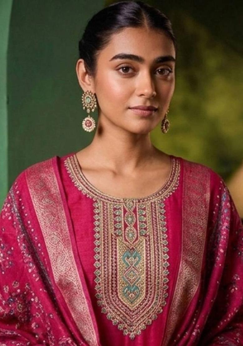 Pink Embroidery Silk Kurta Set - Indya