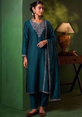 Blue Embroidery Silk Kurta Set