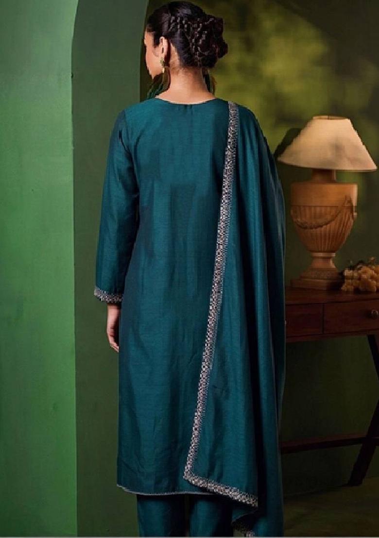Blue Embroidery Silk Kurta Set - Indya