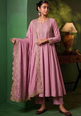 Pink Embroidery Silk Kurta Set