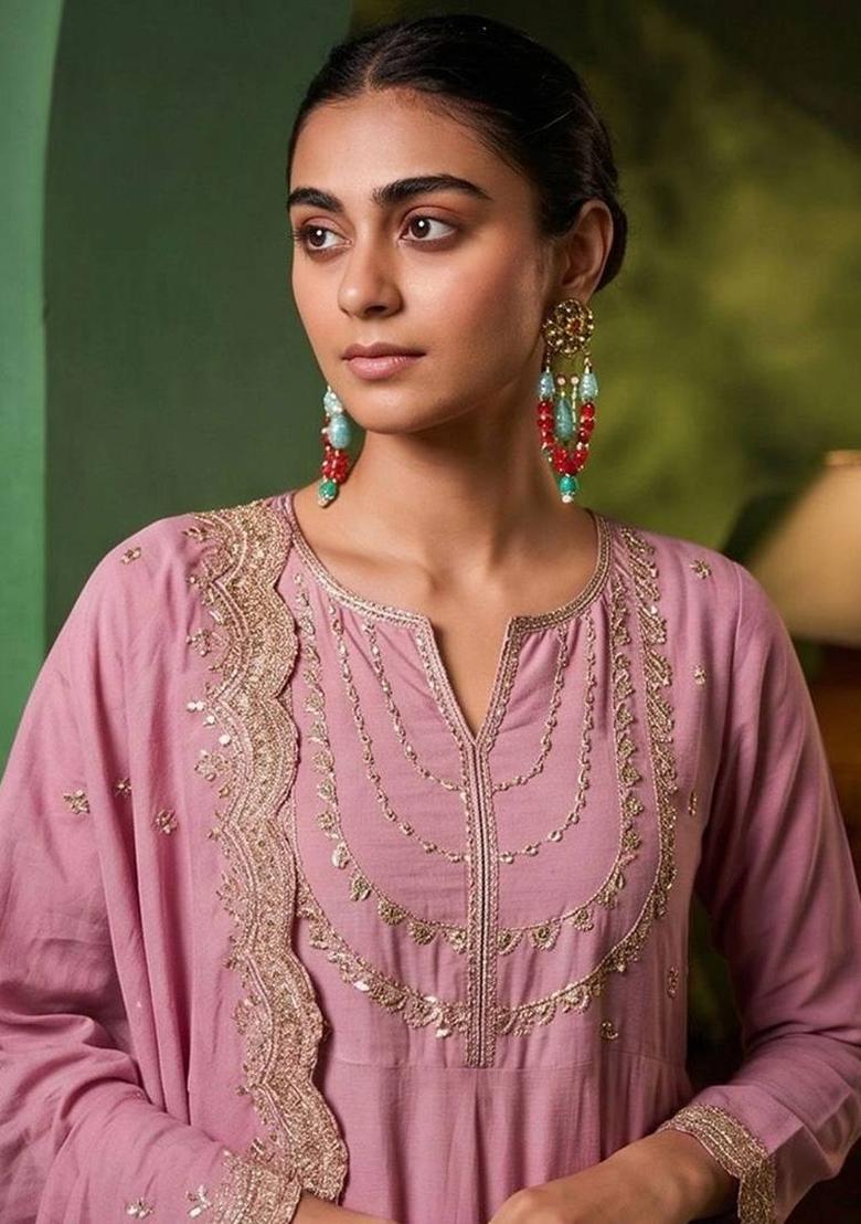 Pink Embroidery Silk Kurta Set - Indya