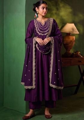 Purple Embroidery Silk Kurta Set