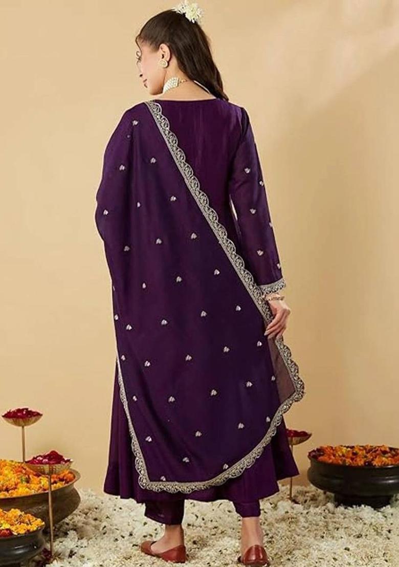 Purple Embroidery Silk Kurta Set - Indya