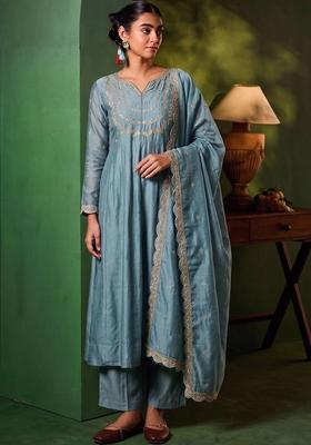 Blue Embroidery Silk Kurta Set