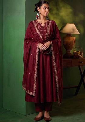 Red Embroidery Silk Kurta Set