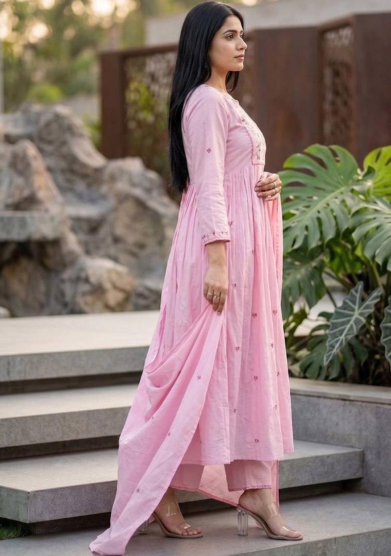 Pink Embroidery Silk Kurta Set - Indya