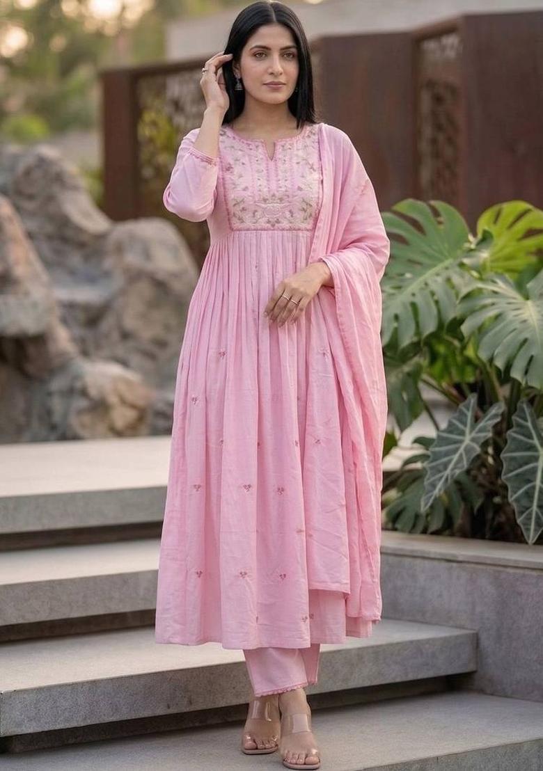 Pink Embroidery Silk Kurta Set - Indya