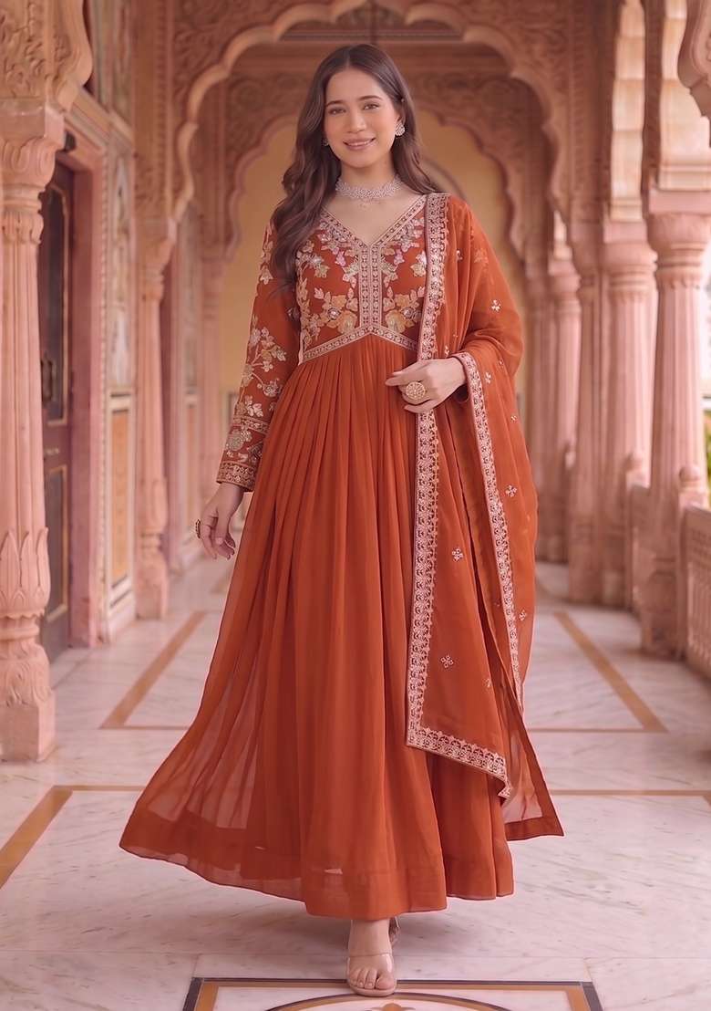 Rust Embroidery Georgette Gown With Dupatta - Indya
