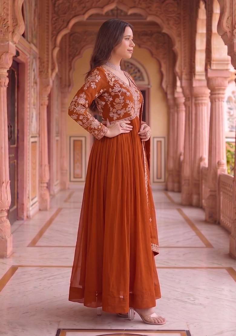 Rust Embroidery Georgette Gown With Dupatta - Indya
