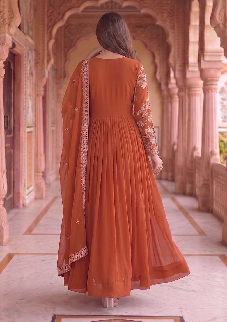 Rust Embroidery Georgette Gown With Dupatta - Indya