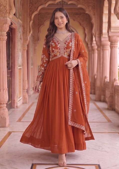 Rust Embroidery Georgette Gown With Dupatta