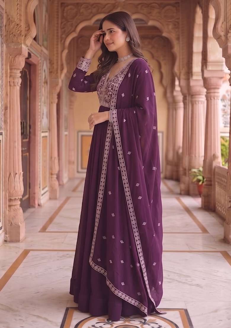 Purple Embroidery Georgette Gown With Dupatta - Indya