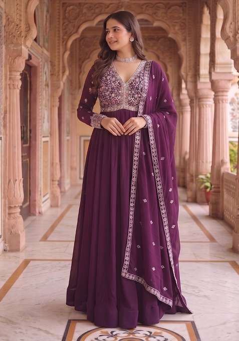 Purple Embroidery Georgette Gown With Dupatta