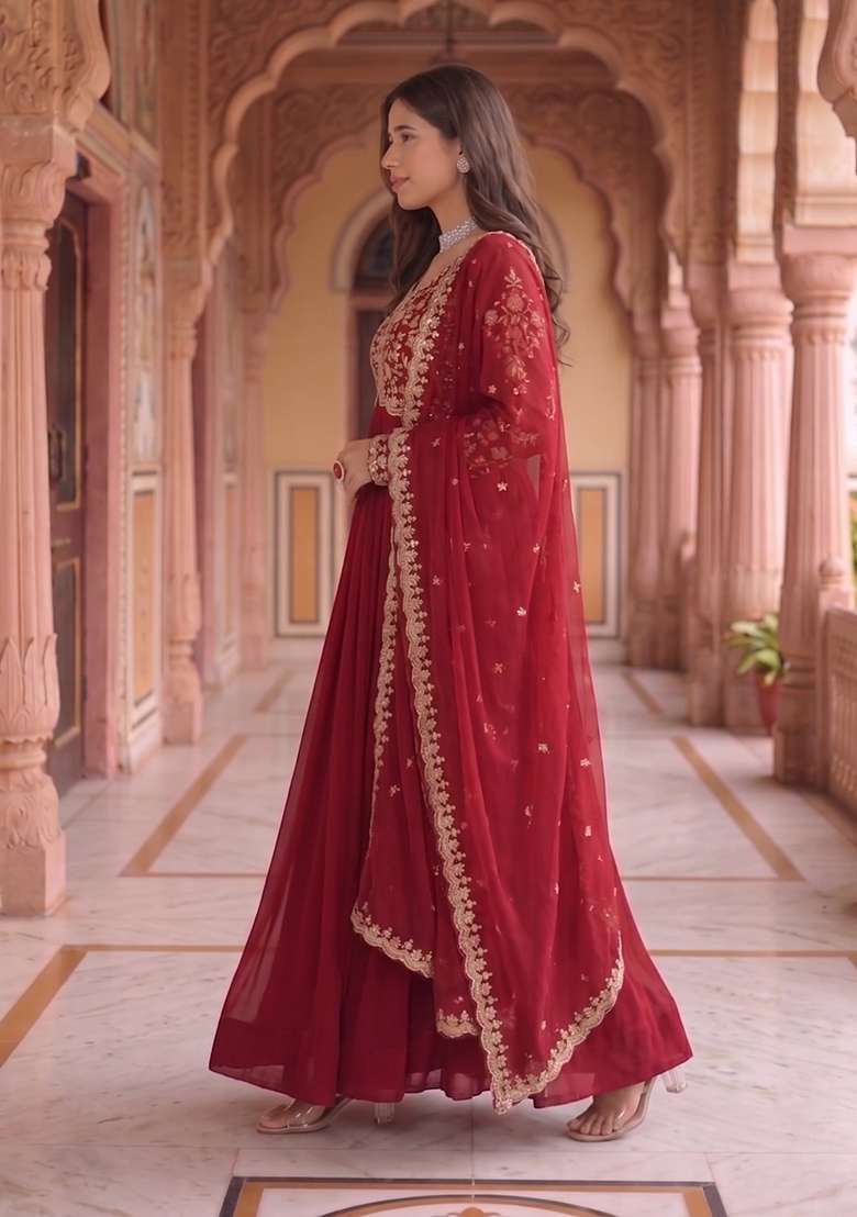 Maroon Embroidery Georgette Gown With Dupatta - Indya