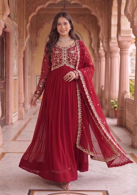 Maroon Embroidery Georgette Gown With Dupatta
