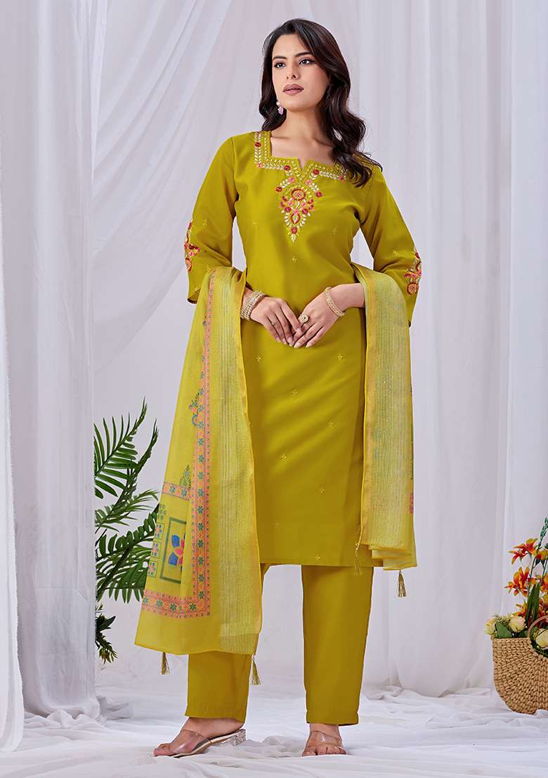 Mustard Embroidery Roman Kurta Set - Indya
