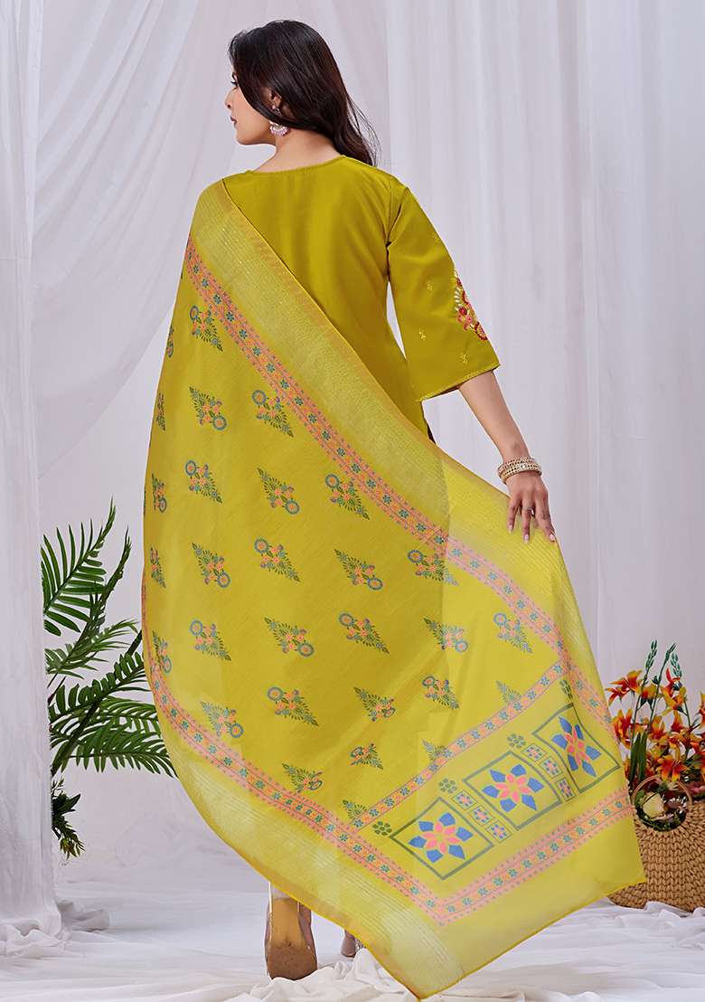 Mustard Embroidery Roman Kurta Set - Indya