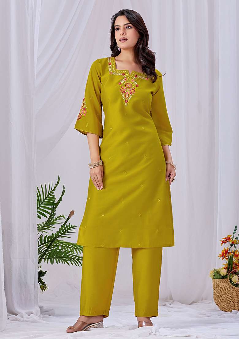 Mustard Embroidery Roman Kurta Set - Indya