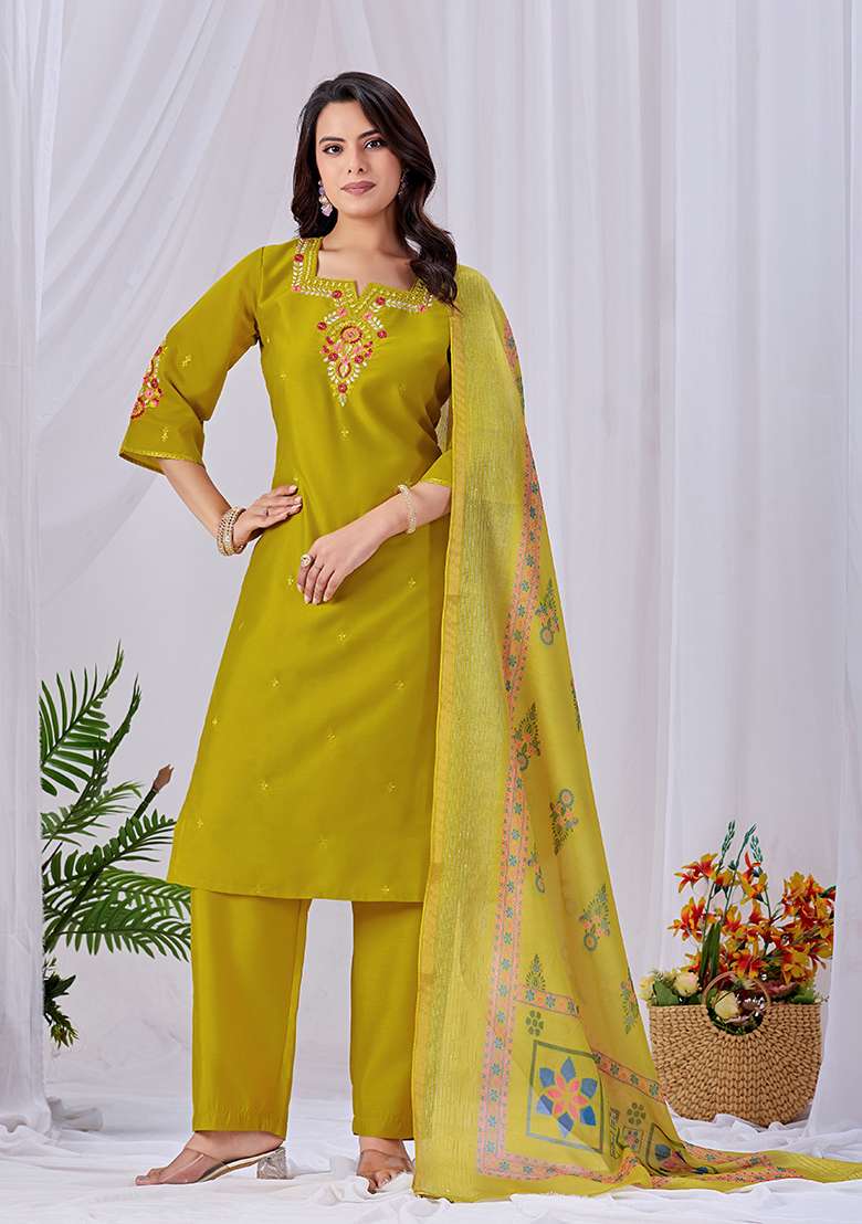 Mustard Embroidery Roman Kurta Set - Indya