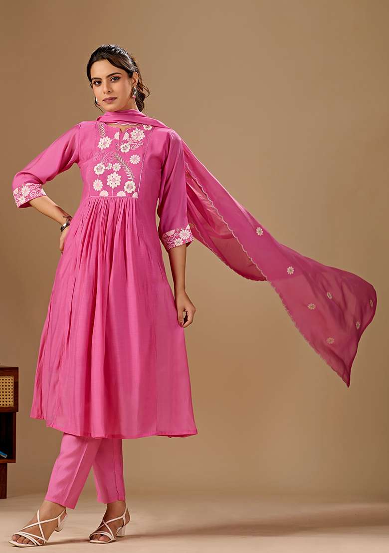 Pink Embroidery Cotton Kurta Set - Indya