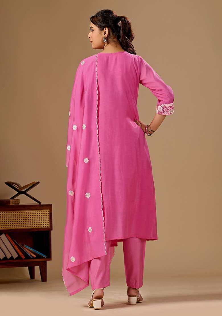 Pink Embroidery Cotton Kurta Set - Indya