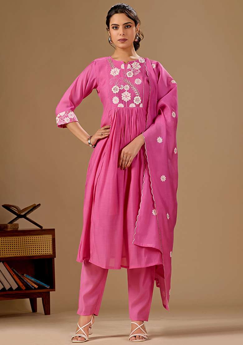 Pink Embroidery Cotton Kurta Set - Indya
