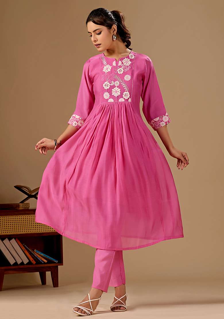 Pink Embroidery Cotton Kurta Set - Indya