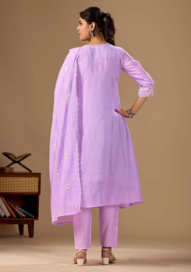 Lavender Embroidery Cotton Kurta Set - Indya