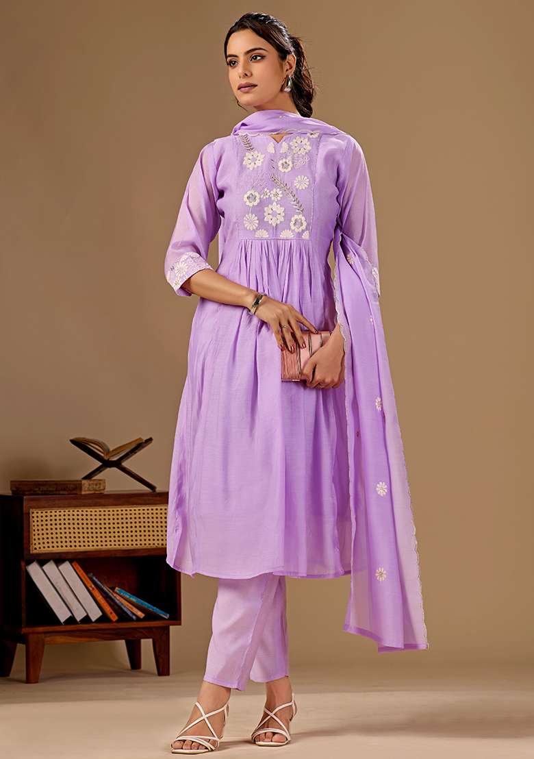 Lavender Embroidery Cotton Kurta Set - Indya