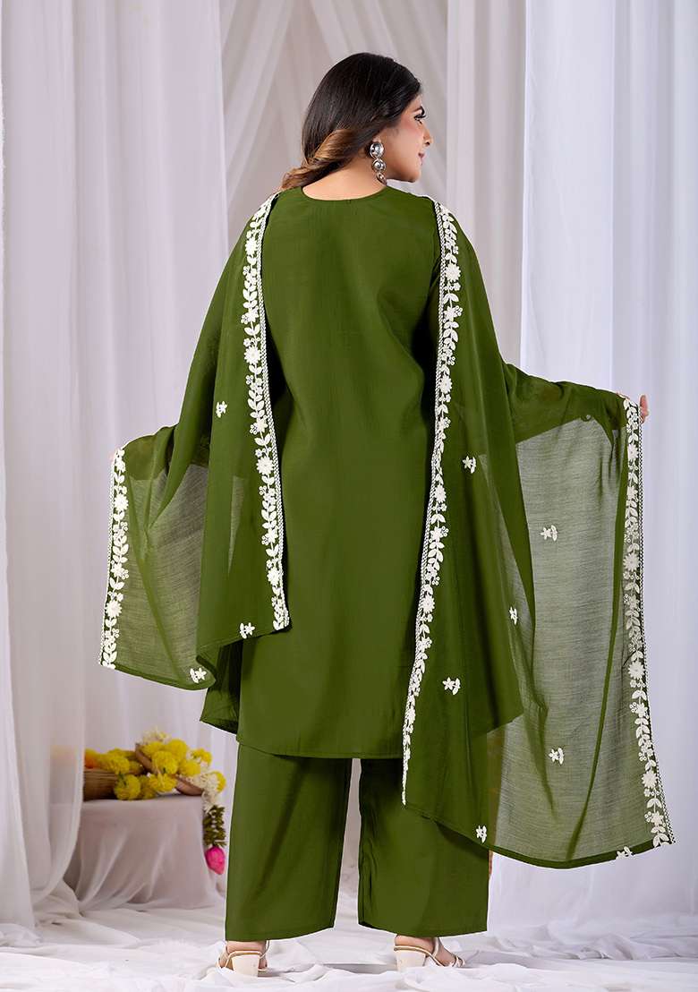 Mehendi Embroidery Cotton Kurta Set - Indya