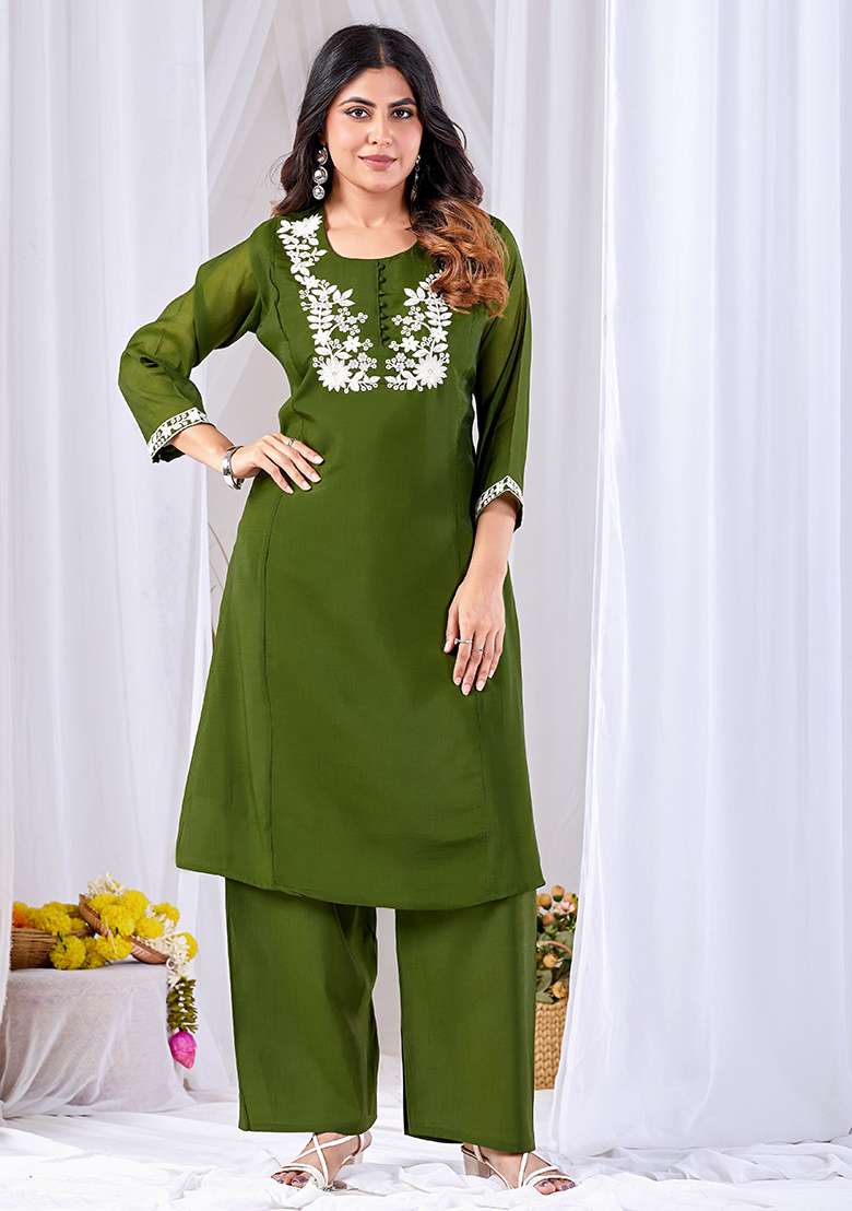 Mehendi Embroidery Cotton Kurta Set - Indya