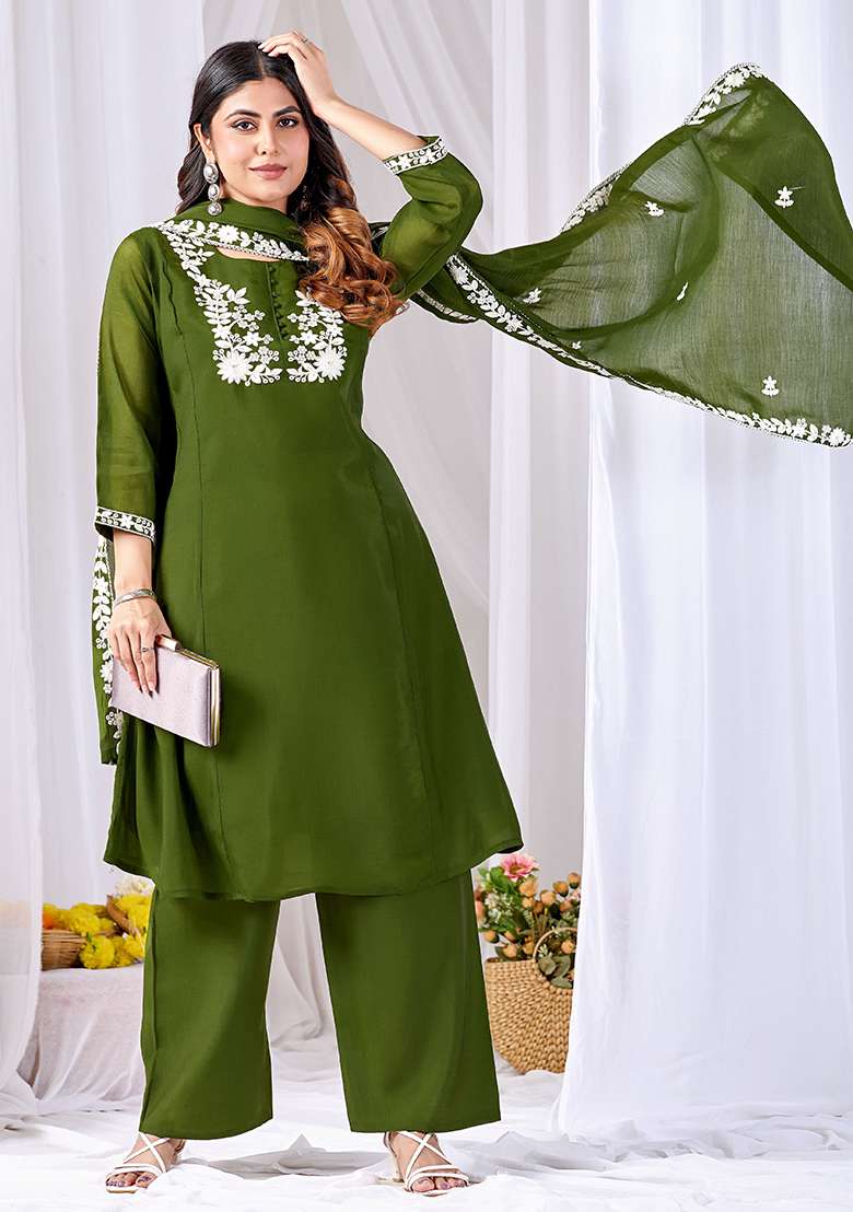 Mehendi Embroidery Cotton Kurta Set - Indya