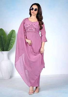 Purple Embroidery Cotton Kurta Set