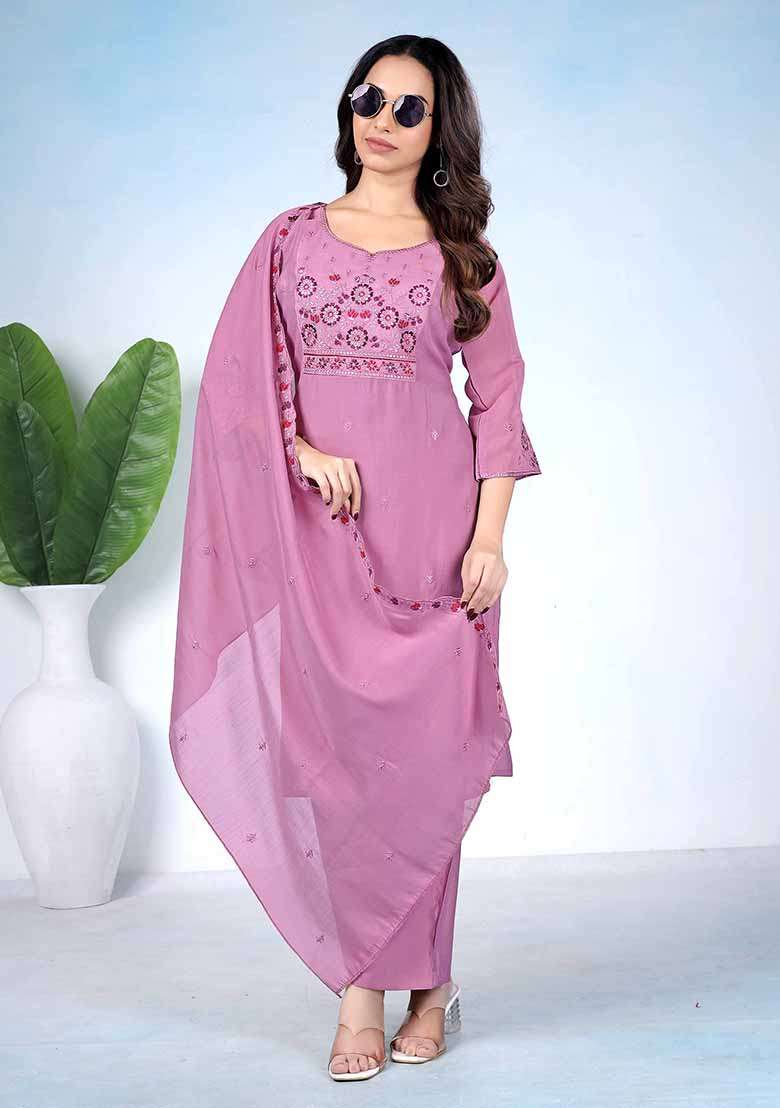 Purple Embroidery Cotton Kurta Set - Indya